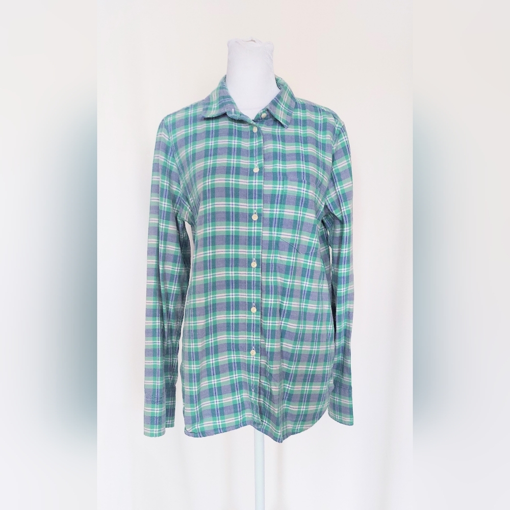 J. Crew Boy Fit Long Sleeve Plaid Collared Button Down Shirt Womens Sz 8 Green
